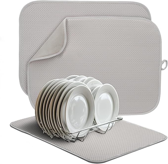 2 Pack Dish Drying Mat, Dish Drying Mats for Kitchen Counter, Microfiber Dish Dryer Mat, Large 20" x 15" Drainer Mats, Highly Absorbent, Machine Washable (Gray)