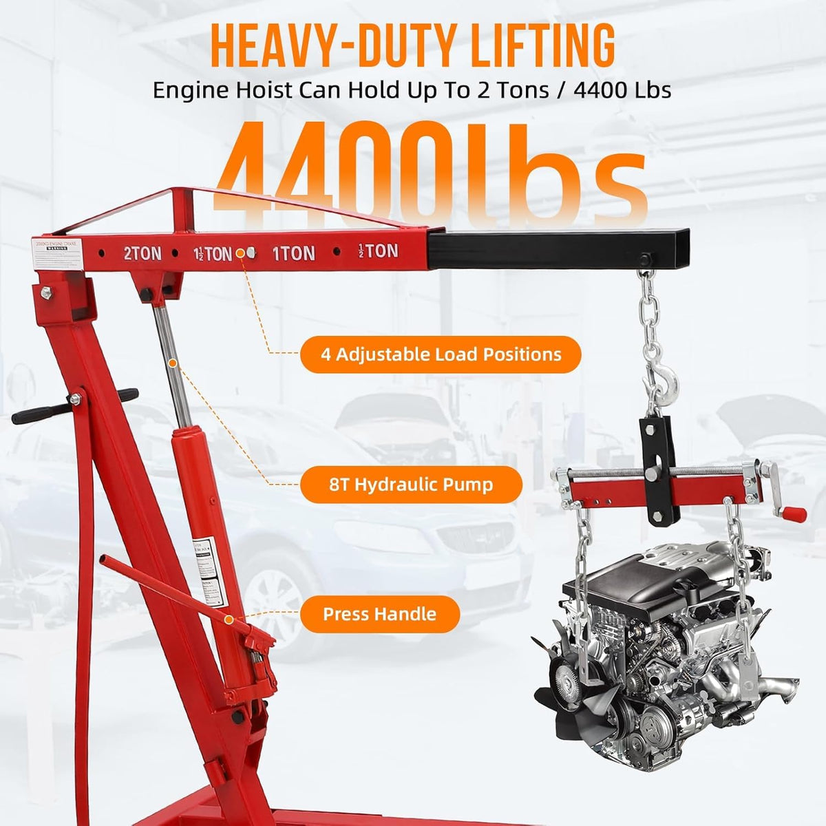 2 Ton Engine Hoist, Folding Cherry Picker Engine Hoist with Lever and 6 Casters, Heavy Duty Hydraulic Shop Crane, Engine Crane Lifter for Workshops Garage Warehouse, Red