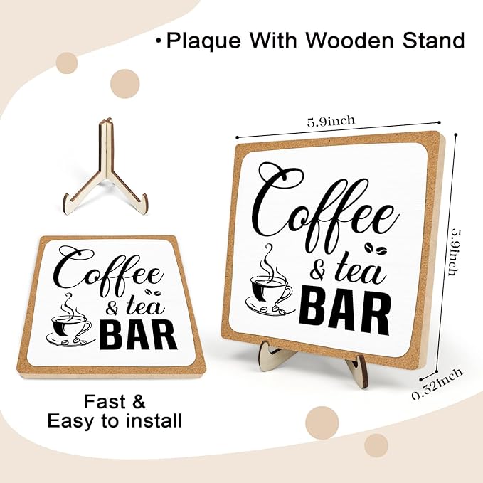 Rustic Coffee & Tea Bar Decor Sign,Funny Wooden Plaque for Cafe Bar,Coffee Station,or Shelf, Farmhouse Kitchen Cafe & Tea Accessories for Home or Office 5.9 x 5.9Inch(White+Brown04)