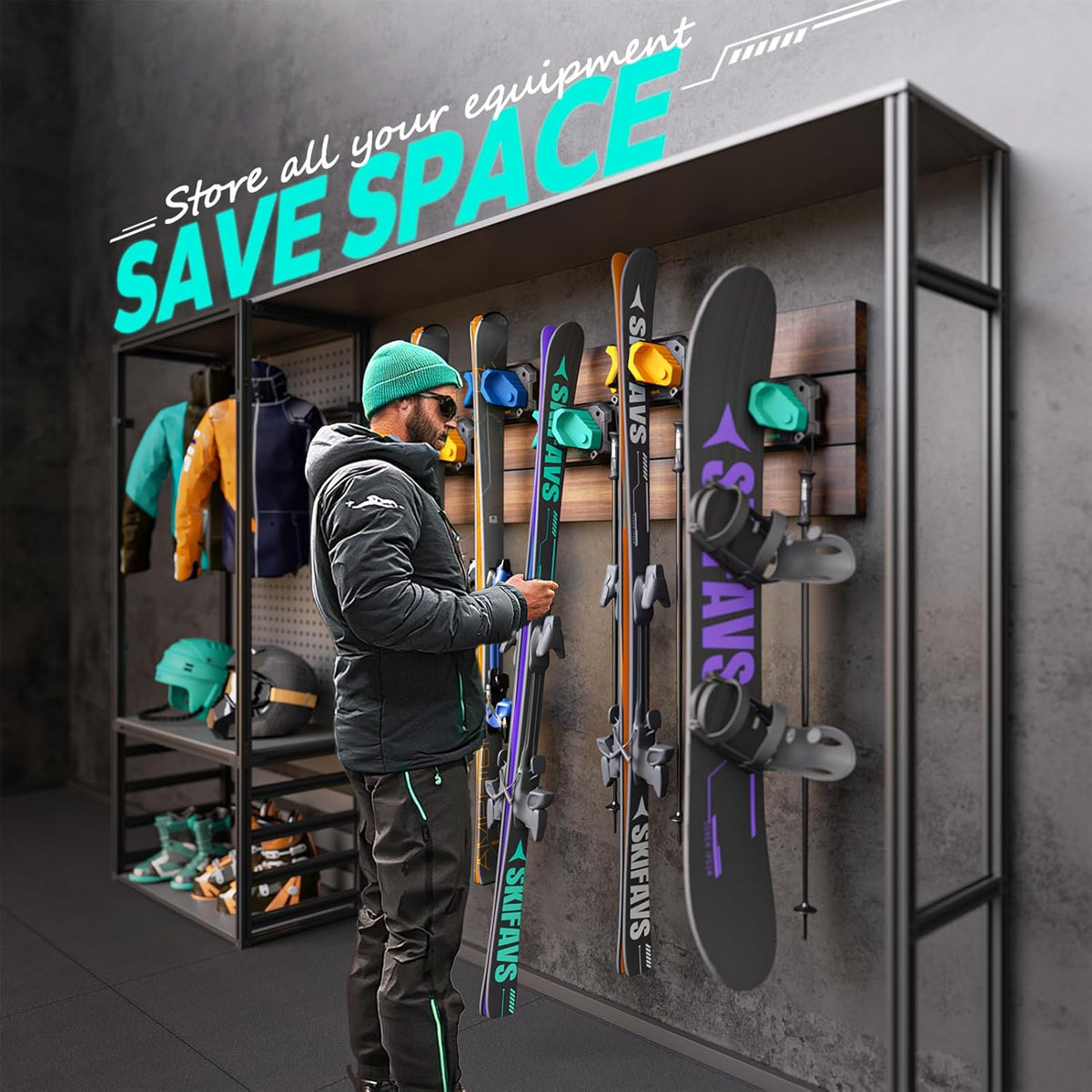 Ski & Snowboard Wall Rack for Garage Wall Fits Any Ski/board, Ski Wall Mount Holders Damage-Free Storage Rack, Garage Organization Space-Saving Winter Gear Organizer, Green, 6 Pack