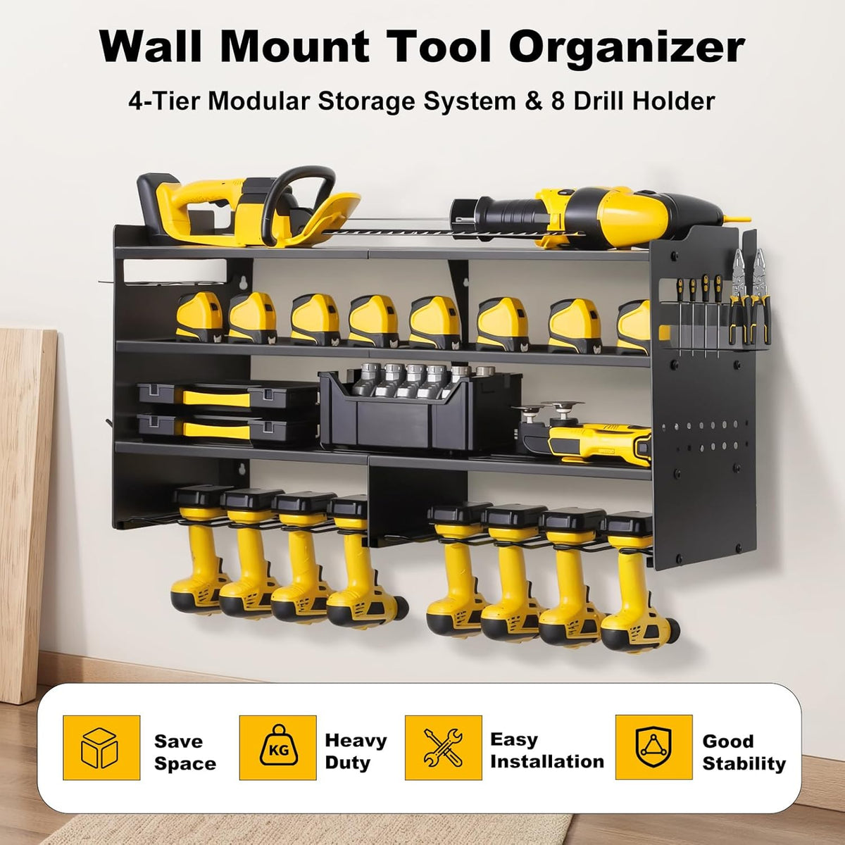 oviitech Power Tool Organizer Wall Mount, 8 Drill Holder Wall Mount Loads 400lbs, 4 Layer Heavy Duty Metal Power Tool Storage, Black, Utility Rack for Garage Workshop, Gifts for Men