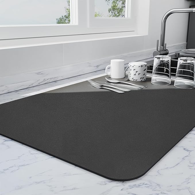 Ecotrim - Dish Drying Mat for Kitchen Counter | Coffee Bar Mat for Countertops | Heat Resistant Drainer Mat with Non-slip Rubber Backed | Hide Stain Kitchen Absorbent Draining Mat | Black 16"x20"