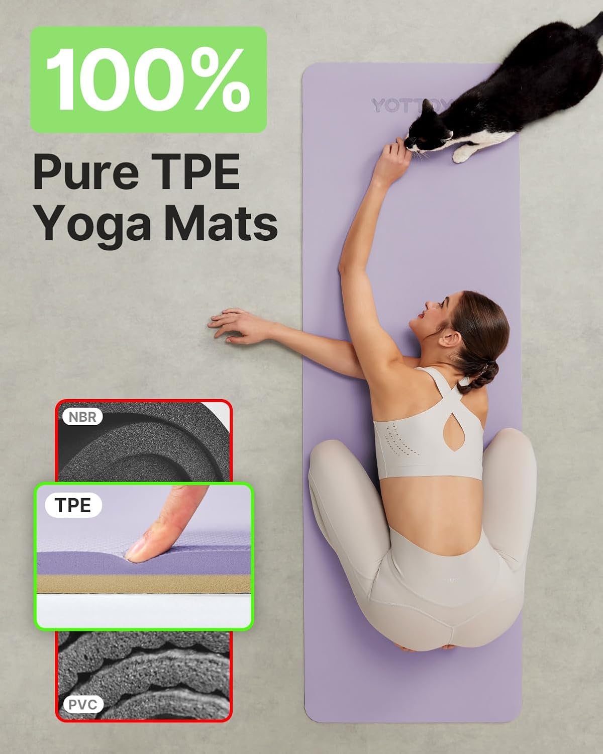 Yoga Mat,Non-Slip TPE Exercise Mat(1/4 Inch) for Pilates, Fitness & Barefoot Workouts, Home Gym Studio with Strap & Bag