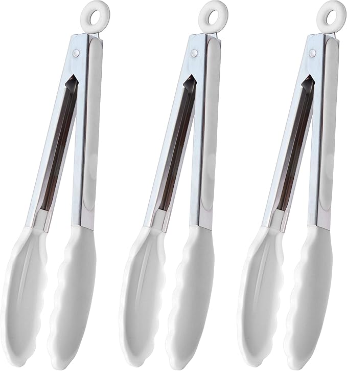 HINMAY Silicone Kitchen Tongs 9-Inch Stainless Steel Basics Tongs with Non-Stick Silicone Tips, Set of 3 (White)