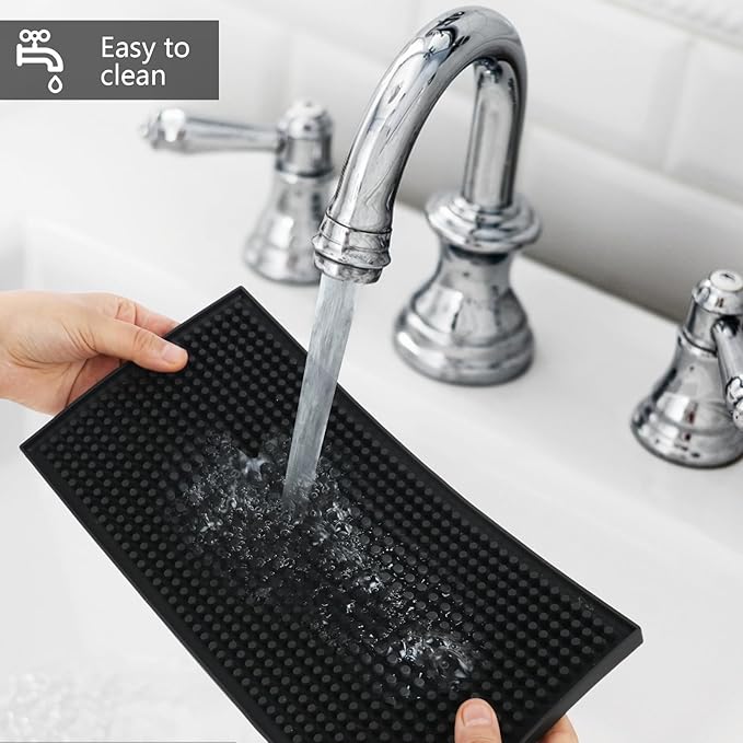 XieNie Bar Mat, 6" x 12" Black Small Coffee Mat for Home Bar Kitchen Countertop, Non-Slip Rubber Service Spill Mat for Cocktail Bartender Accessories, PVC Counter Top Cup Glasses Drying Mats, 1Pac