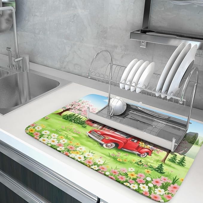 Spring Dish Drying Mat for Kitchen Counter Red Truck Flowers Microfiber Absorbent Dish Draining Reusable Washable Foldable Extra Large 18"x24"