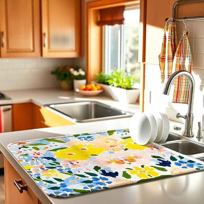 Blue and Yellow Floral Large Dish Drying Mats, Reversible Dish Drying Pads for Kitchen Counter Foldable and Stored in a Drawer,18"x24" Extra Large Draining Mat Protect for Kitchen,Bar Counter