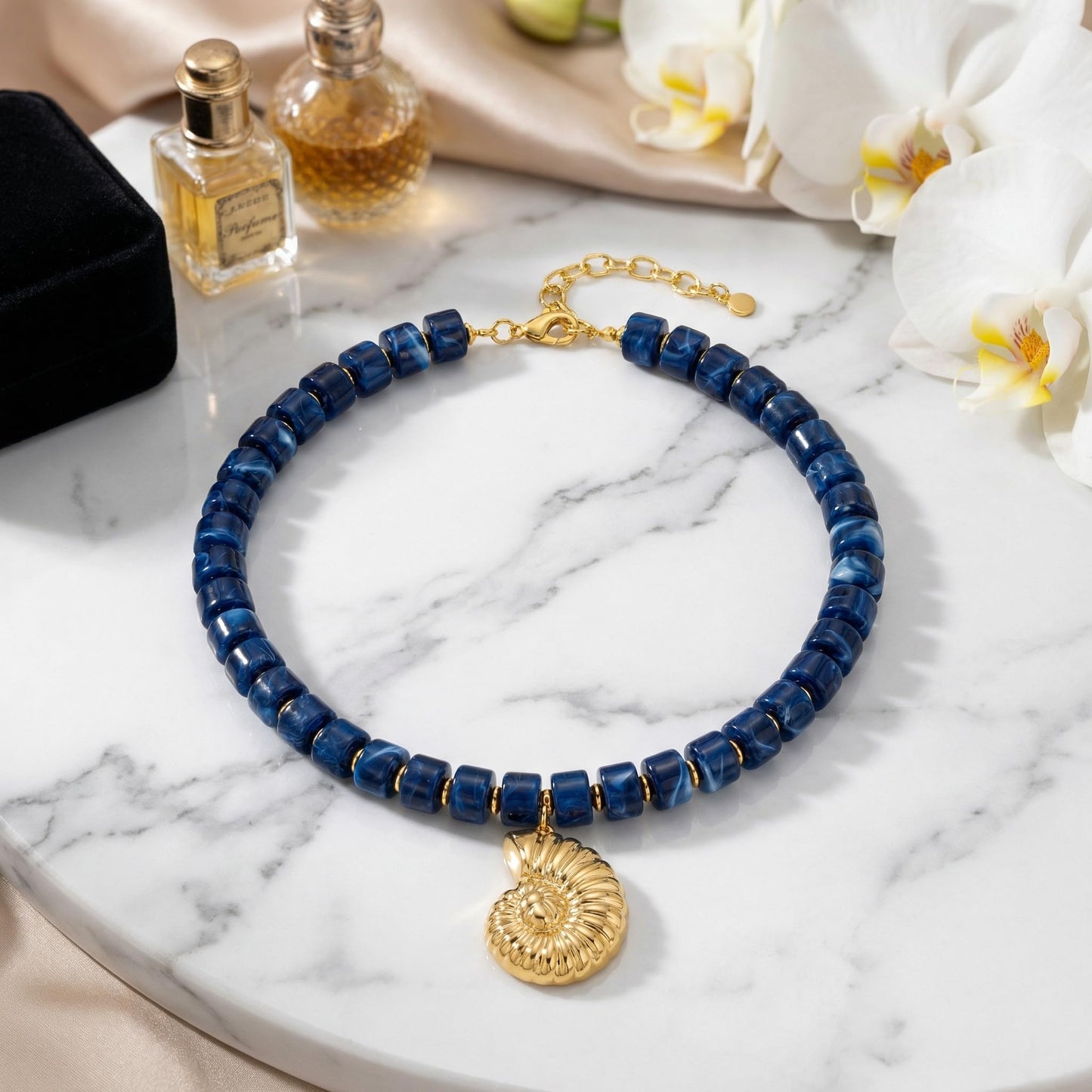 CLASSYZINT Chunky Conch Necklace Blue Beaded with Gold Shell Pendant Boho Summer Party Everyday Wear for Women