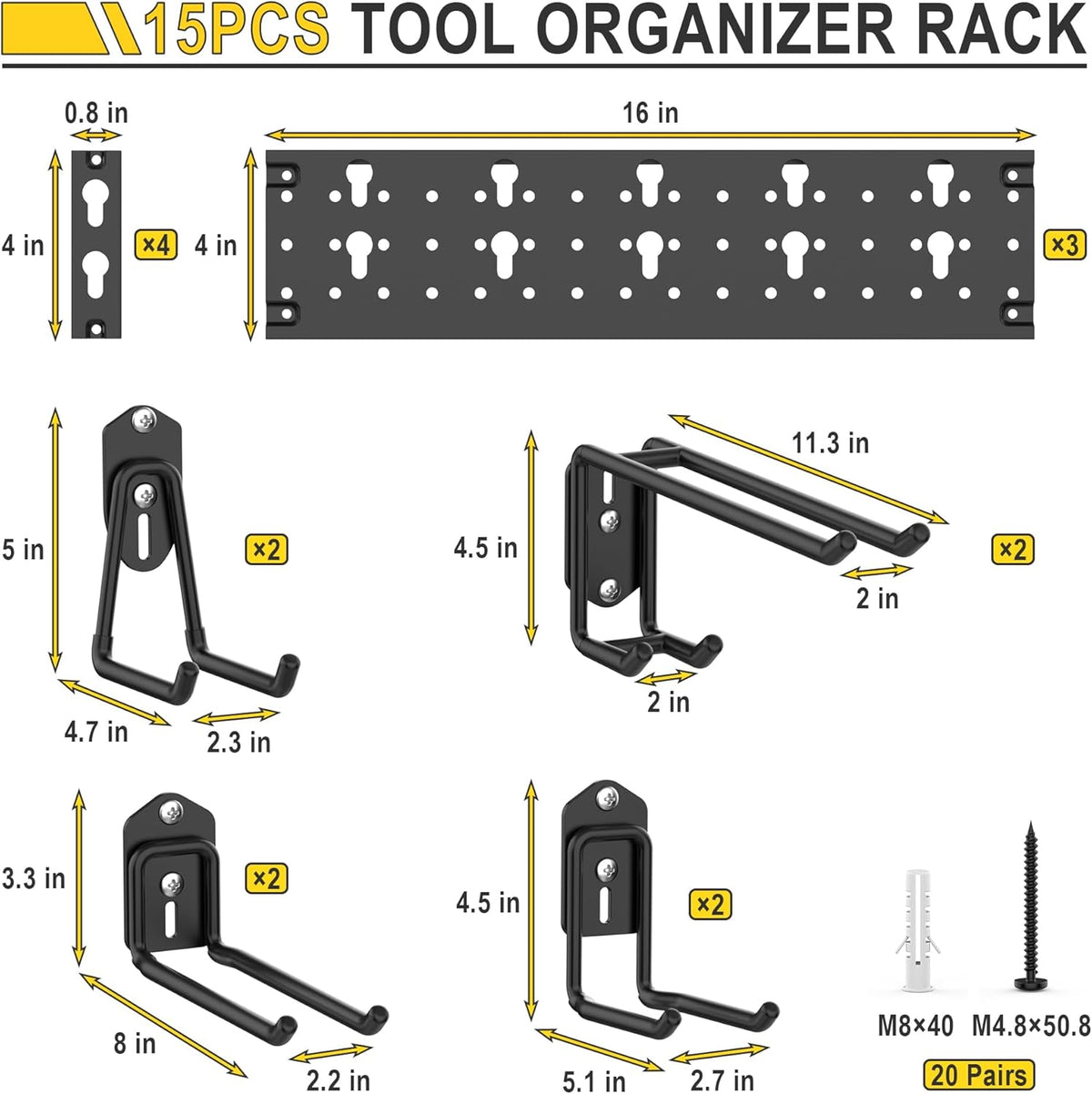 Ultrawall Garage Storage Organization, Versatile Storage Hooks Garden Tool Organizer Wall Mount, 48 Inch Yard Tool Organizer Hangers for Shovels, Rakes, Ladders, 15pcs Black