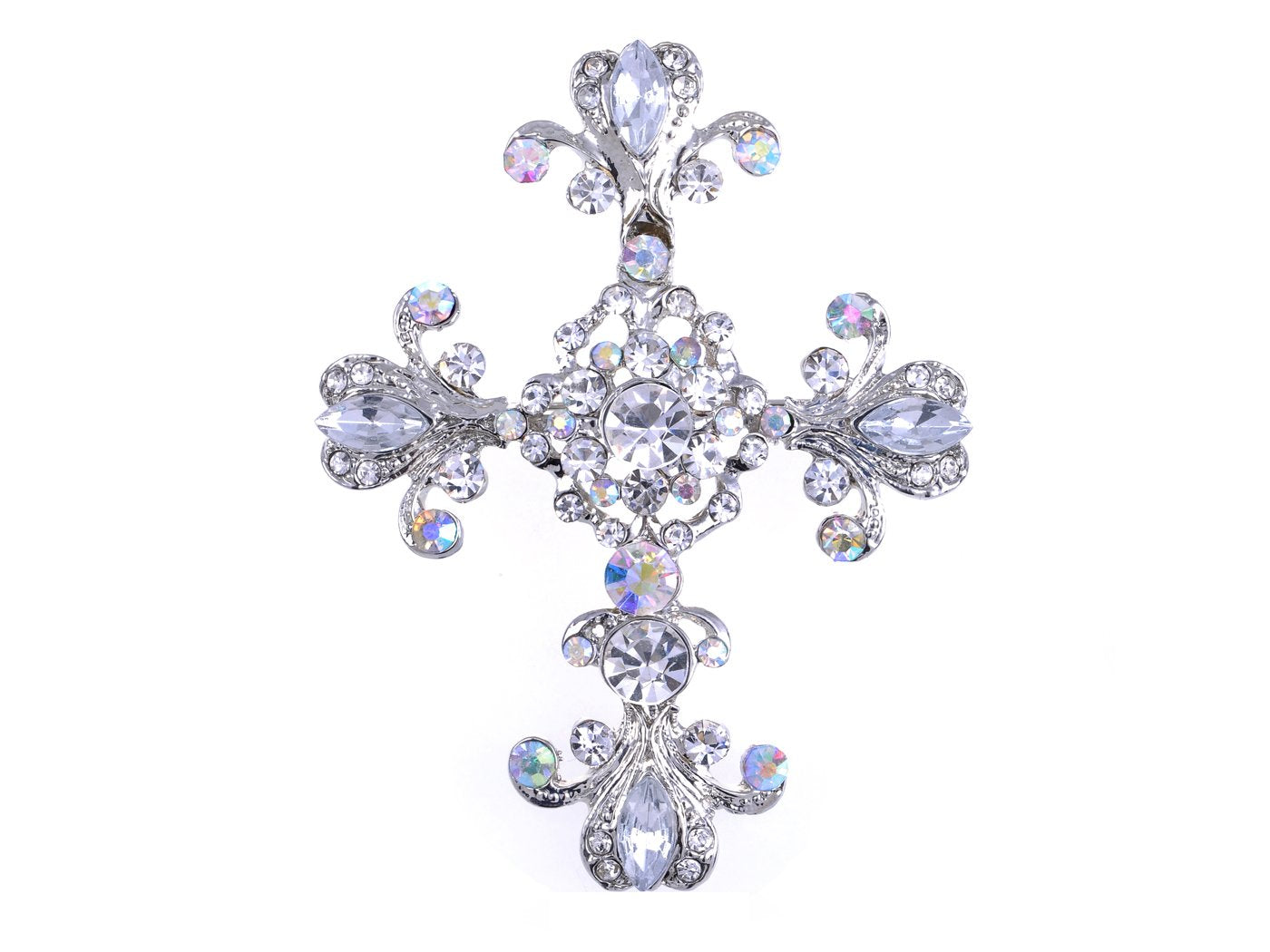 Alilang Silver Tone Cross Antique Gorgeous Rhinestones Costume Pin Brooch