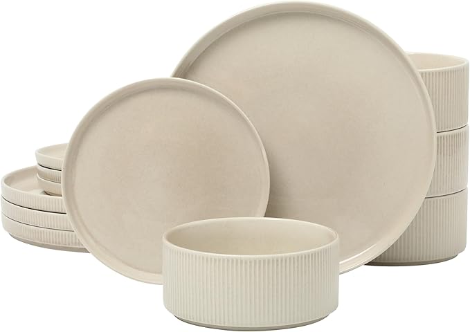 Gibson Elite Solana Coast 12 Piece Stoneware Reactive Glaze (Service for 4) Ceramic Plates and Bowls Modern Shape Embossed Dinnerware Set - Cream White