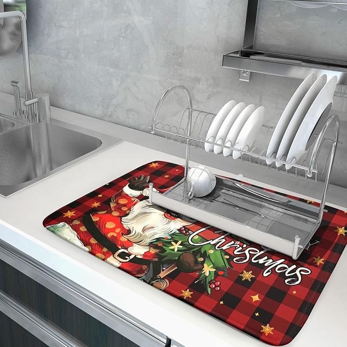Merry Christmas Santa Claus Red Buffalo Plaid Dish Drying Mat for Kitchen Counter,Winter Snowflake Xmas Tree Drying Mat 18 x 24 Inch with Absorbent Reversible Microfiber Dish Drying Pad for Coffee Bar