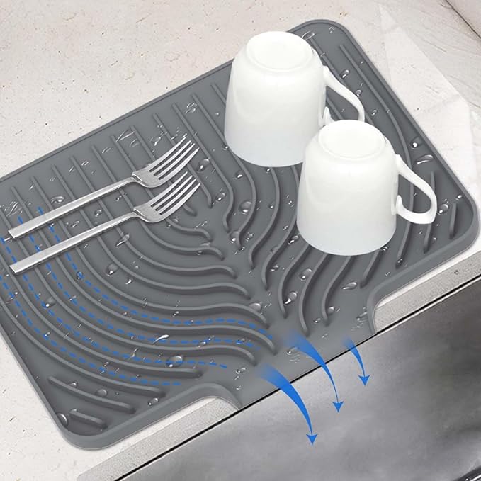 Dish Drying Mat for Kitchen Counter, with Built-in Drain Lip, Food-Grade Silicone, Easy Clean Pad for Countertop Protection, Multi-Functional Use (14.7x10.2, Grey)