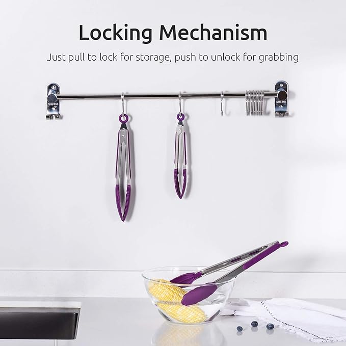 U-Taste Kitchen Tongs, 7/9/12 inches Cooking Tongs, with 600ºF High Heat-Resistant Non-Stick Silicone Tips, 18/8 Stainless Steel Handle, for Food Grill, Salad, BBQ, Frying, Serving, Pack of 3(Purple)
