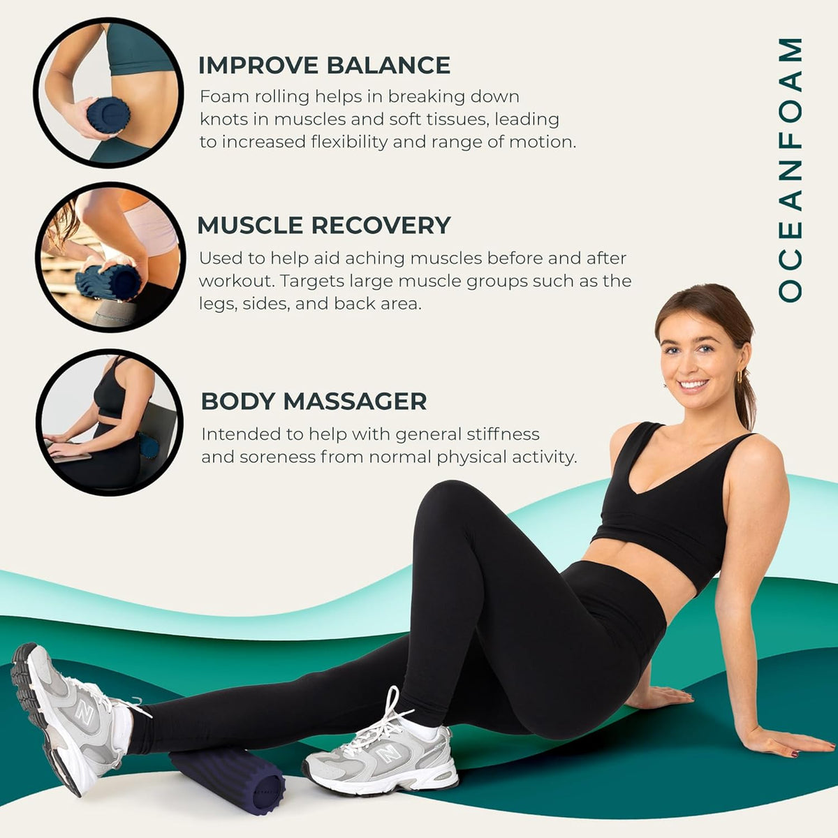 Oceanfoam Ripple Travel Foam Roller (11" x 3.35") Firm Mini Foam Roller for Physical Therapy, Deep Tissue Massage, Back Pain, High Density, Ergonomic Wave Textured, Yoga, Pilates, Exercise (Dark Navy)