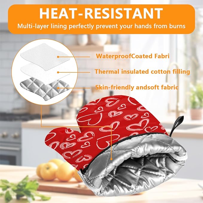 White Love Hearts Oven Mitts and Pot Holders Sets 4Pcs,Extra Long Oven Gloves Potholder for Kitchen Cooking Baking BBQ 100% Cotton Heat Resistant