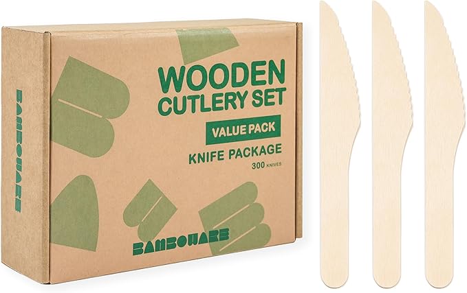 Wooden Knives 300 Pieces | Natural Birch Wood Disposable Knives | Biodegradable, Smooth & Strong for Parties, Weddings, and Outdoor Events