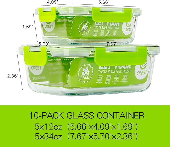 C CREST Glass Containers for Food Storage with Lids, [10-Pack] Meal Prep Containers for Kitchen, Home Use, BPA Free