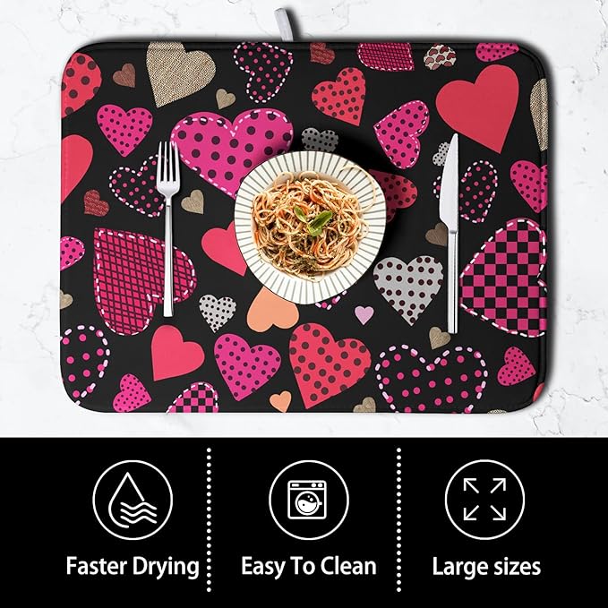 Happy Valentine's Day Kitchen Drying Mats for Dishes 18x24 Inch Love Heart Dish Drying Mat Black Pink Polka Dots Dish Drainer Mat Super Absorbent Dish Rack Pad for Coffee Bar Sinks