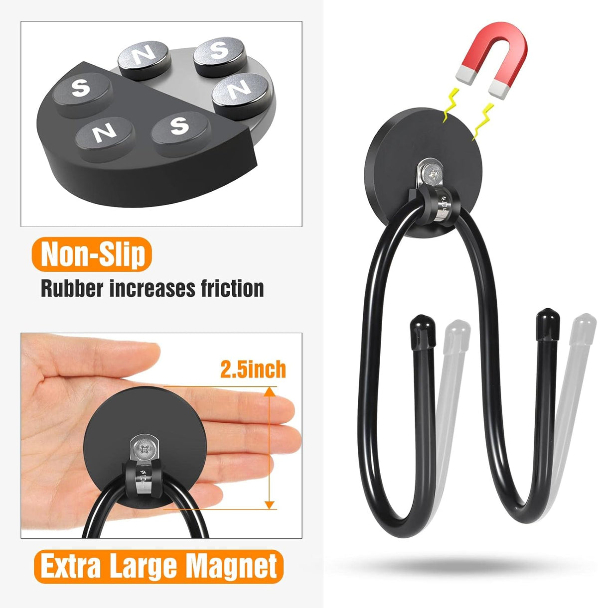 Strong Magnetic Hooks,Heavy Duty Storage Straps Tool Organizer for Extension Cords, Hoses, Cables, Ropes, Drills,Wall Mount for RV and Garage (2 PCS 50 Pounds) (Storage Hook)