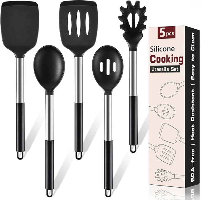 5Pcs Silicone Cooking Utensils Set, Heat Resistant Kitchen Tools Include Solid&Slotted Spatula, Cooking Spoon and Pasta Server, Silicone Kitchen Utensils set for Nonstick Cookware Flipping, Black