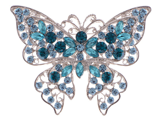 ALILANG Silvery Tone Crystal Rhinestone Hollow Out Butterfly Brooch Pin, Blue