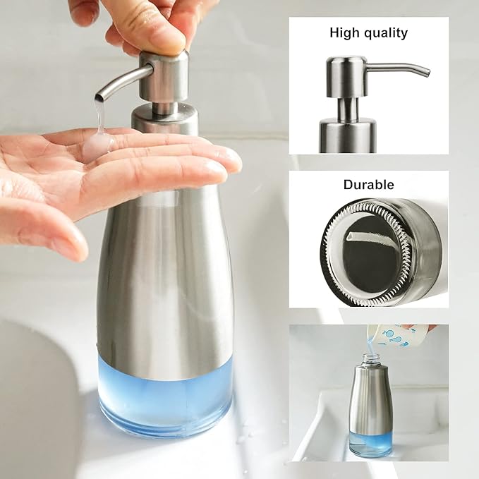 AUMIO Dish Soap Dispenser with Stickers, Kitchen Soap Dispensers Brushed Nickel Stainless Steel and Glass Combined, Refillable Liquid Hand Soap Dispenser for Bathroom & Kitchen (11OZ / 320ML)