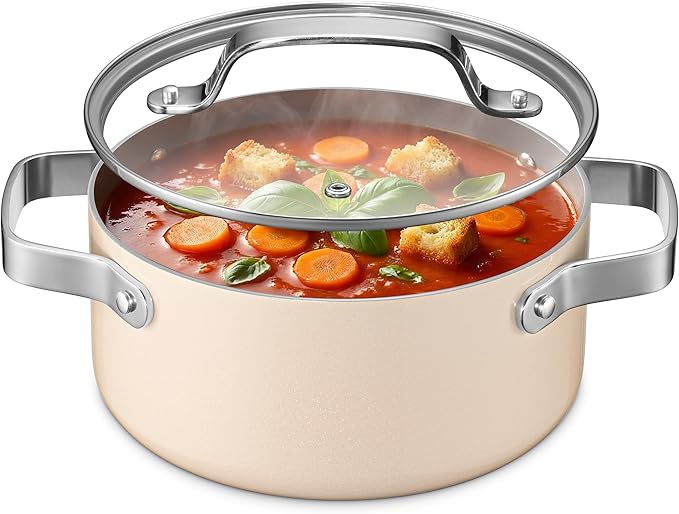 Bakken 3 Quart Ceramic Coated Stock Pot with Lid, Easy to Clean Nonstick Pot, Tempered Glass Lid, Riveted Stainless Steel Handles, Oven Safe Up To 500°F, PTFE & PFAS Free, All Stove Compatible, Cream