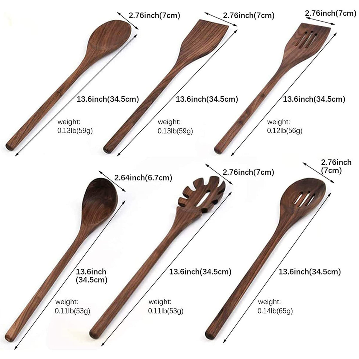 6pc Black Walnut Wooden Cooking Utensils - 13.6in Long Handle Spoons, Crafting Set