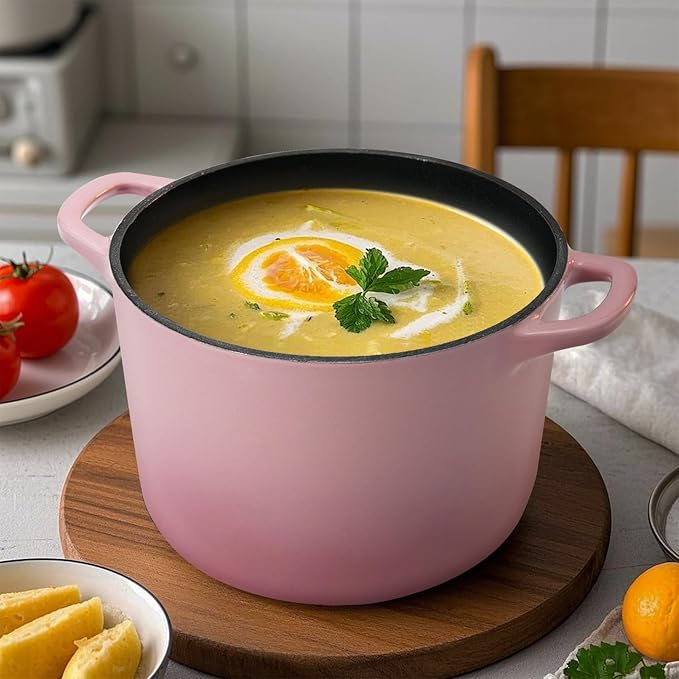 Flavehc Dutch Oven Pot with Lid 2.8 qt Cast Iron Dutch Oven for Bread Baking Pink Enameled Cast Iron Rice Pot with Handels