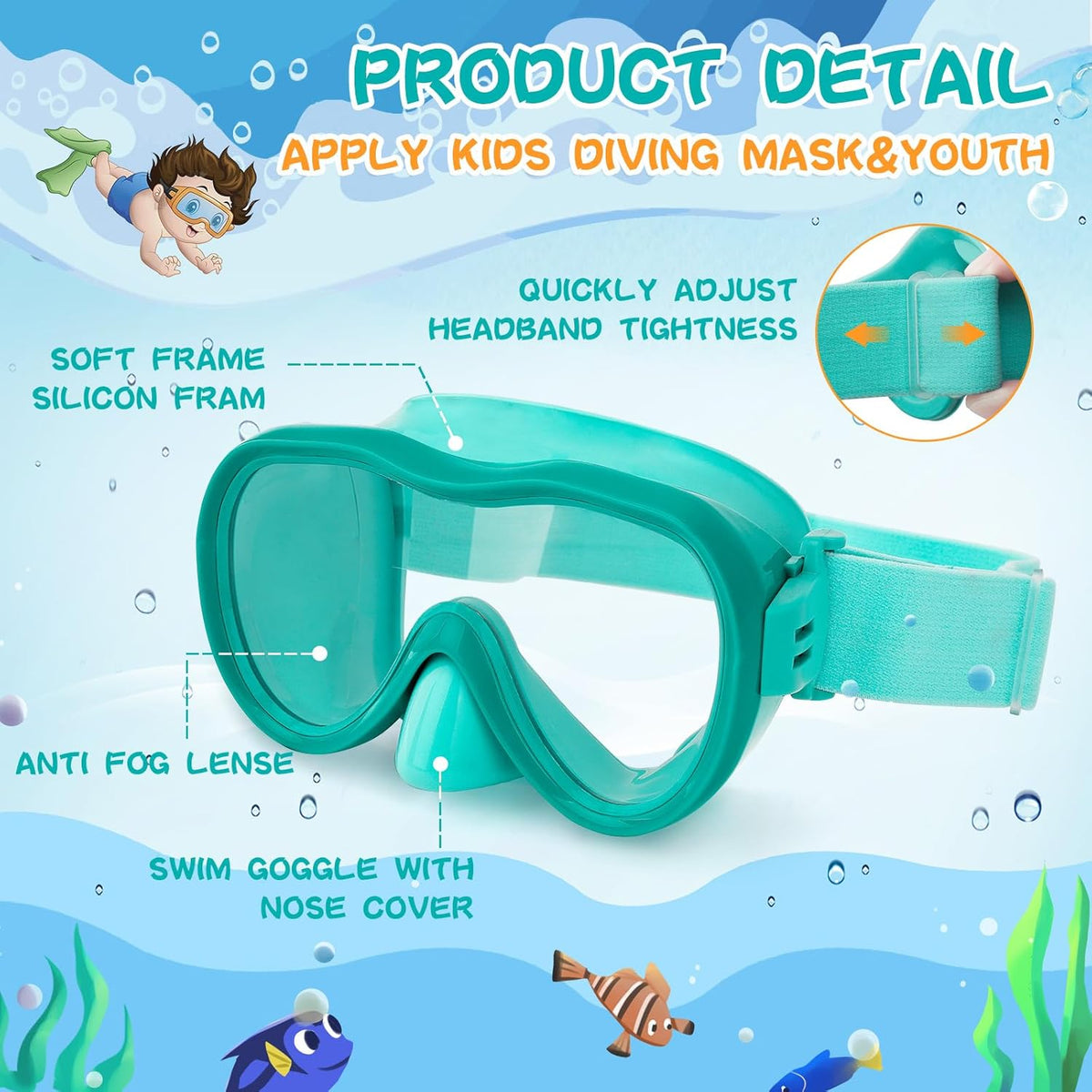 Kids Swim Goggles with Nose Cover, Anti-Leak Swim Mask with Elastic Fabric Strap, UV Protection Swimming Goggles for Kids
