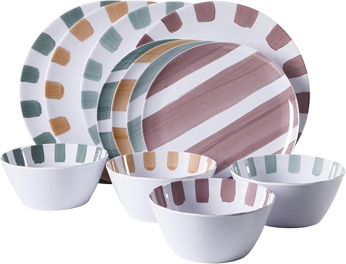 Gibson Home Cottage Stripes 12 Piece Unbreakable Melamine Plates and Bowls Dinnerware Set - Outdoor, Camping, & Everyday Use - Assorted Colors