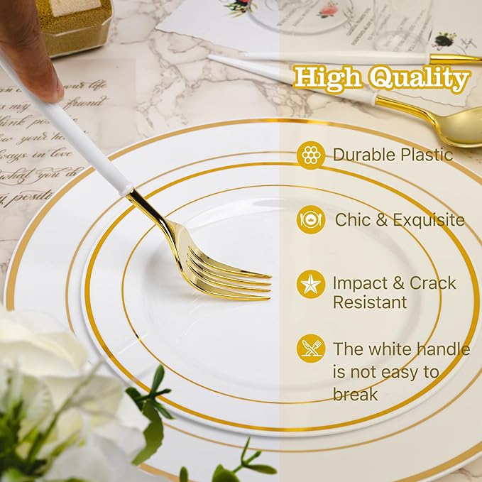 N9R 150Pcs Gold Plastic Silverware-Gold Disposable Utensils with White Handle-Disposable Silverware Heavy Duty with 50 Spoons, 50 Forks, 50 Knives for Party，Birthday and Everyday Use