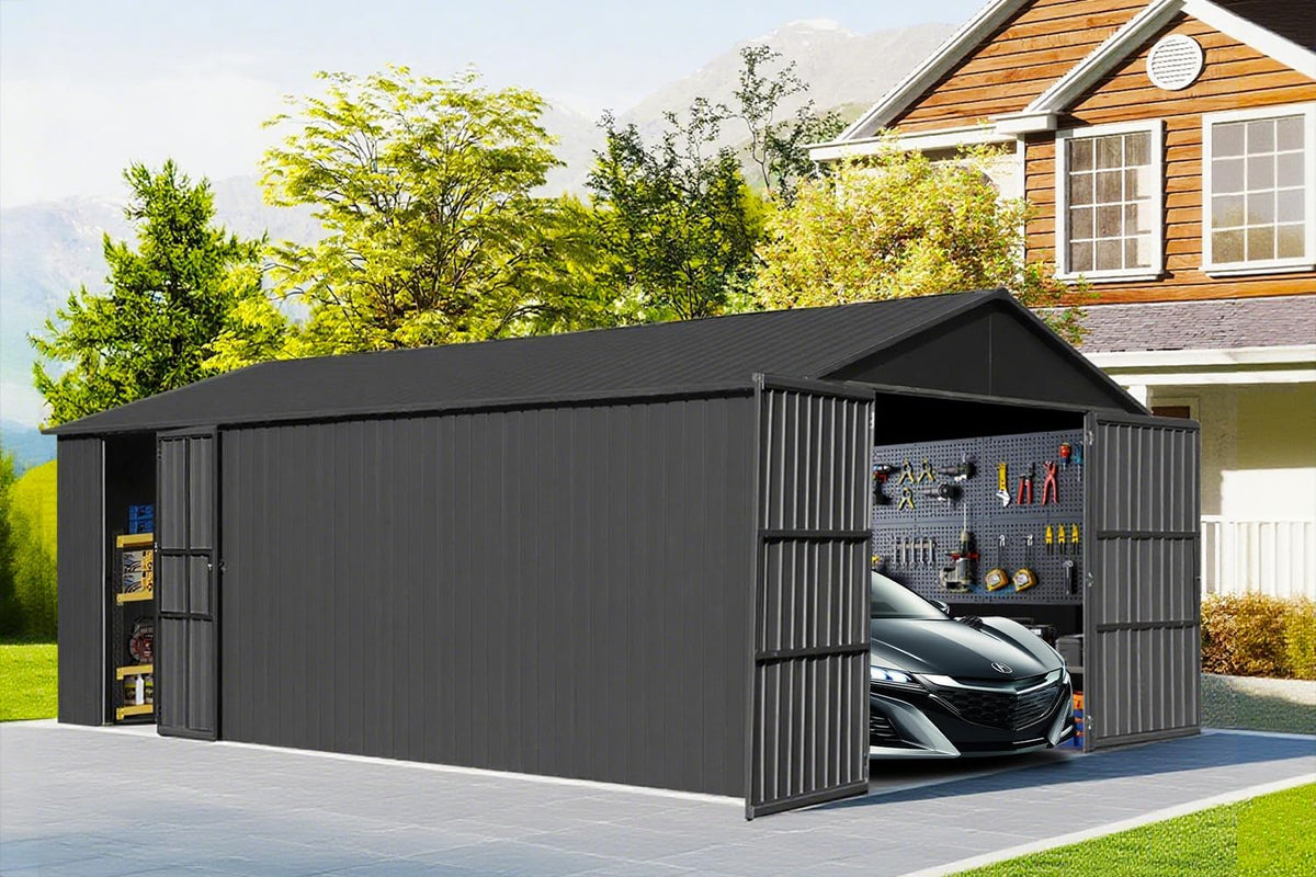 Domi 12’x15’ Outdoor Metal Garage Shed, Weatherproof Enclosed Carport with Sidewalls & 2 Lockable Doors, Backyard Storage Shed for Car, Bike, Motorcycle, Lawn Mower, 80MPH Wind Resistance, Dark Grey