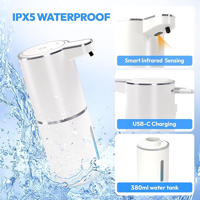 2 Pack Automatic Foaming Soap Dispenser,Touchless Foam Soap Dispenser,12.8oz Rechargeabled Wall Mounted Smart for Bathroom and Kitchen Dish Soap,Easy for Toddlers(White)