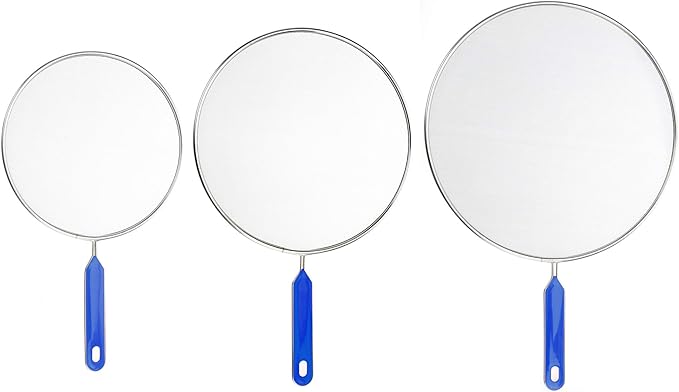 Grease Splatter Screens Guards Shields Frying Pan Pot Cooking Oil Cover Skillet Lid - Stainless Steel Mesh Blue Handle Set of 3: 8", 9.5", 11"
