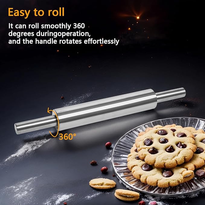 17-Inch Stainless Steel Rolling Pin for Baking - Heavy Duty Metal Dough Roller with Non-Slip Handles for Pizza, Chapati, Cookies & Pastry - Dishwasher Safe
