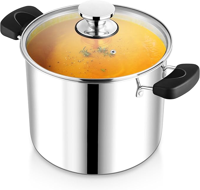 12 Quart 3-Ply Cooking Stock Pot with Lid, P&P CHEF Stainless Steel Large Pot for Pasta Soup, Work on Multi Stove, Heavy Duty & Dishwasher Safe, Dual Heat-resistant Handles & Transparent Glass Lid