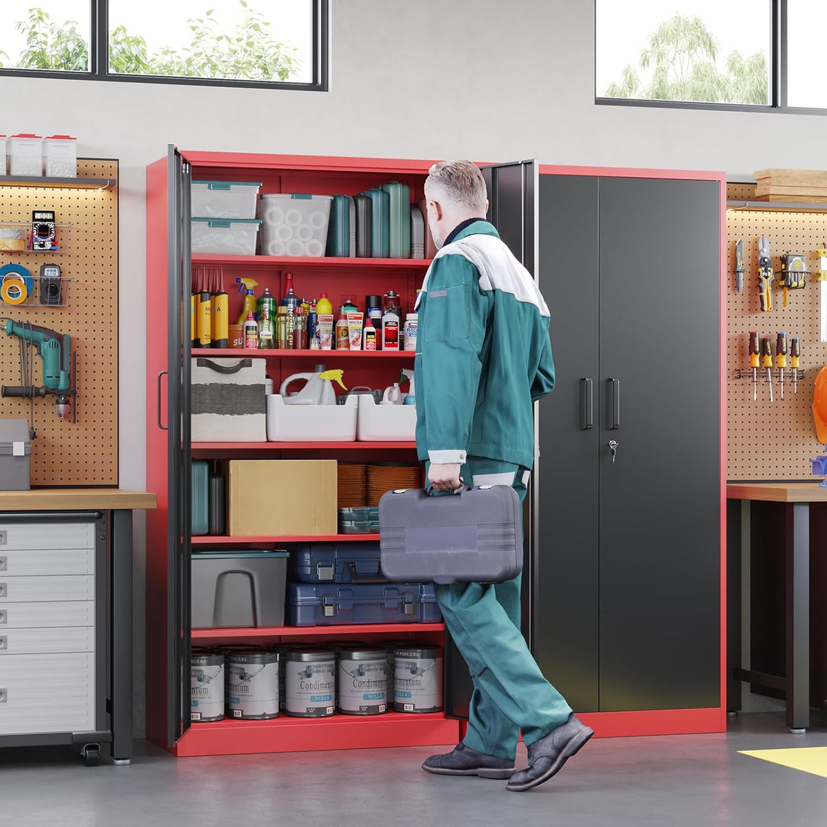 Letaya Metal Garage Storage Cabinets with Lock, 71" Tall Locker Organizer Steel Tool Cabinets,5 Adjustable Shelves 2 Doors for Home Office, Warehouse,Garage,Industrial,Employee (Black Red)