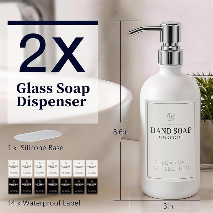 White Glass Soap Dispenser Set of 2, 16oz Hand and Dish Soap Dispenser for Kitchen & Bathroom, Silver Stainless Steel Pump, Non-Slip Base, 14 Waterproof Labels, Minimalist Decor