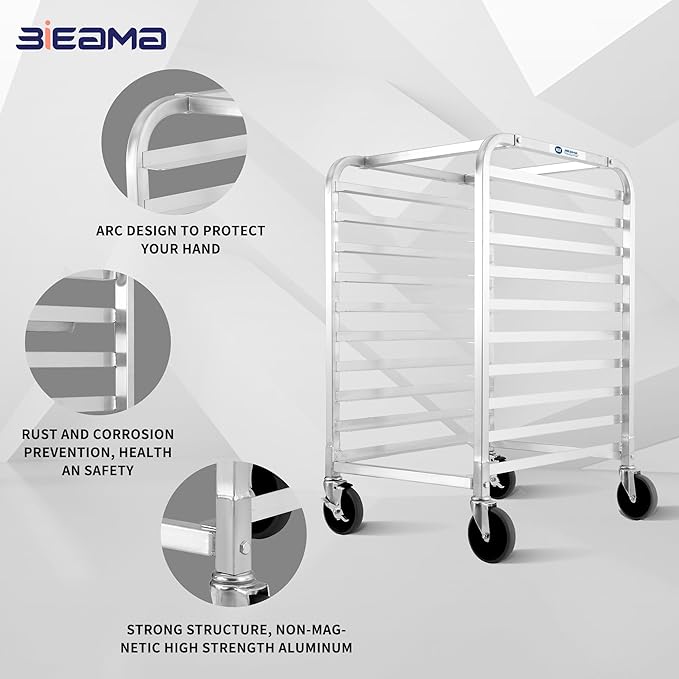 BIEAMA 10-Tier Sheet Pan Rack, NSF Bun Pan Rack, Aluminum Bakery Rack, Home Commercial Kitchen Bakery Cooling, 4 Wheels