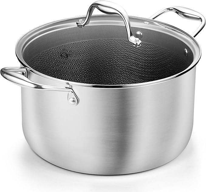 KOCH SYSTEME CS Triply Stainless Steel Pot 6 Quart, Nonstick Hybrid 18/10 Stainless Steel Stock Pot with Lid, Nonstick Cooking Pots with Honeycomb Interior, Compatible with All Cooktops, Oven Safe