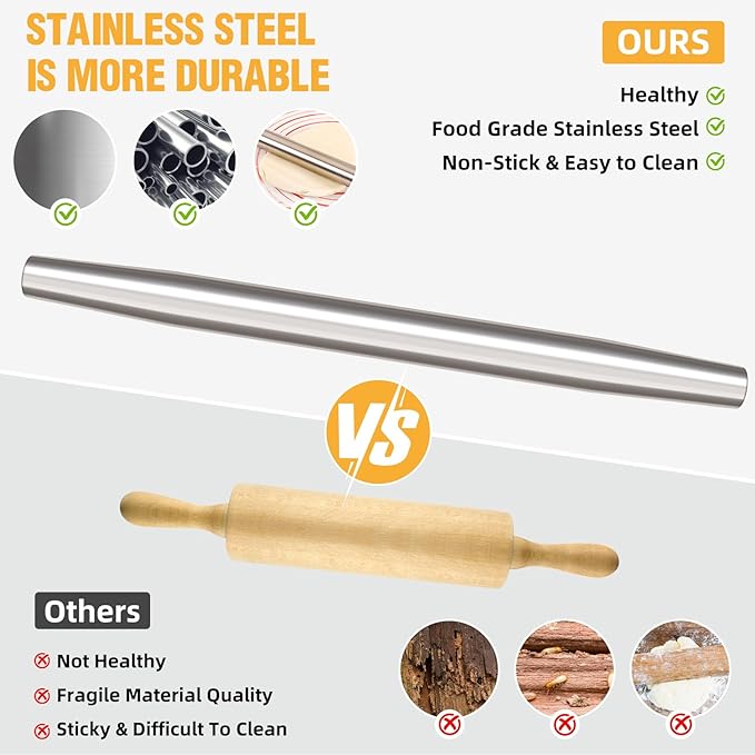 Rolling pin, Smooth Stainless Steel Rolling Pin, Rolling Pin for Baking Fondant, Pizza, Pie, Pastry, Pasta, Dough, Cookies (8.86in)