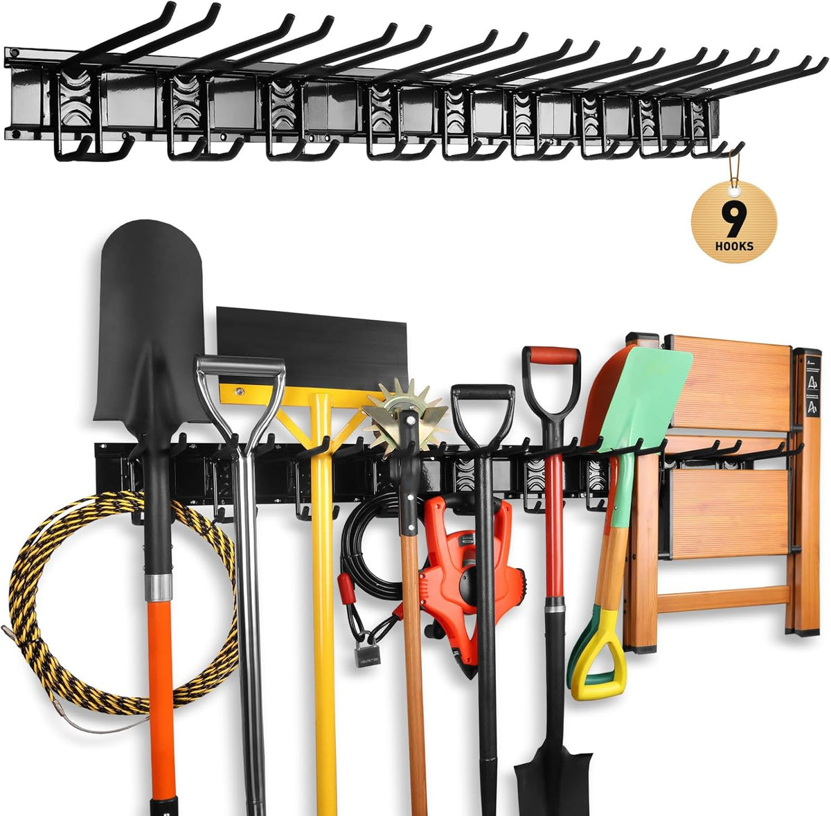 ELEAD 48 Inches Garage Storage, Garage Organization, Garden Tool Organizer Wall Mount, 9 Adjustable Heavy Duty Metal Hooks, Holds Up to 730 lbs, Yard Tool Organizer for Garden, Yard, and Shed
