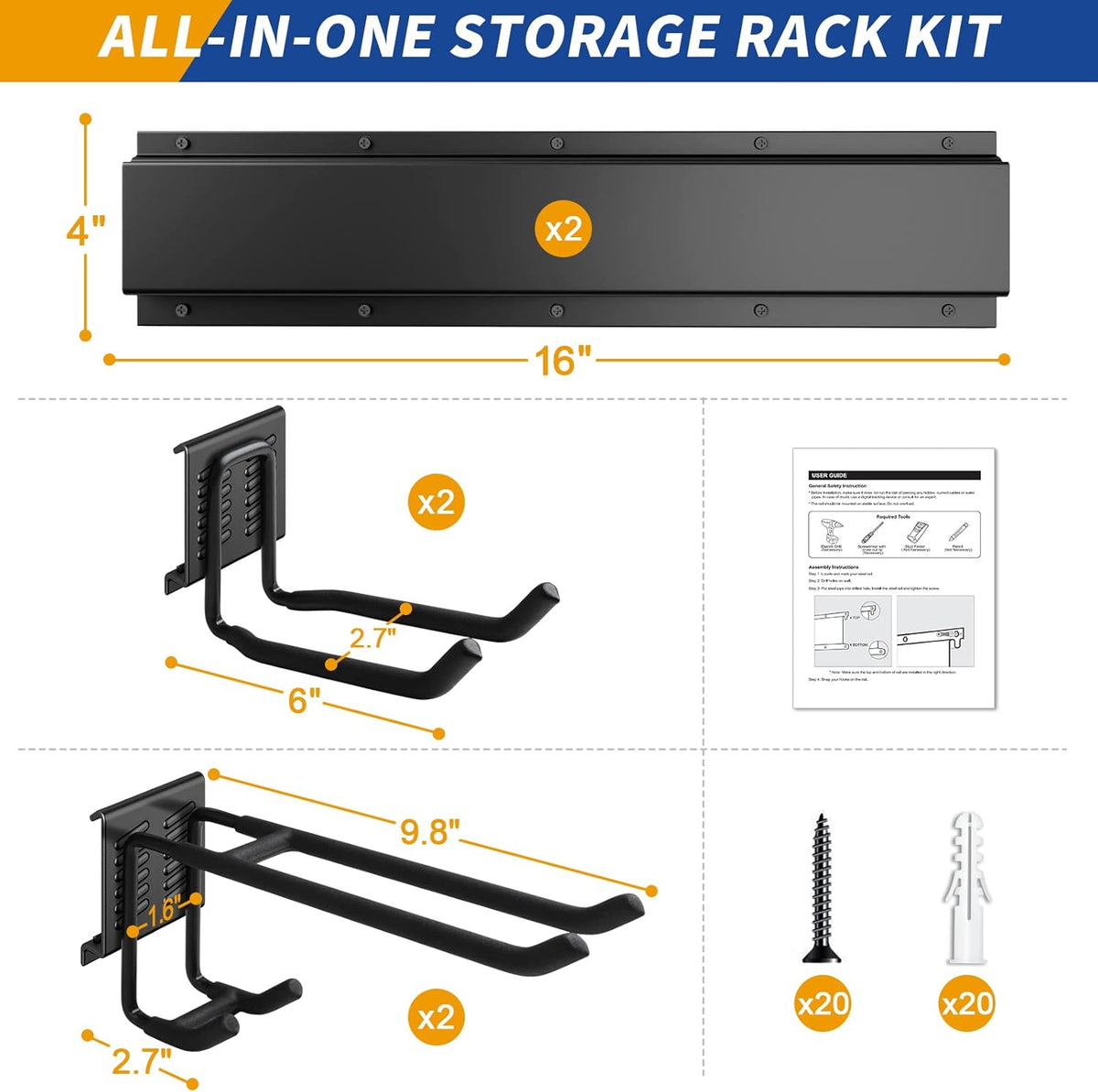 32 Inches Garage Storage, Garage Organization, Wall Mount Garden Tool Organizer, Max 300lbs Adjustable Metal Hooks, Yard Shed Hanging Rack, Heavy Duty Shelving for Rake Broom Mop Snowboard