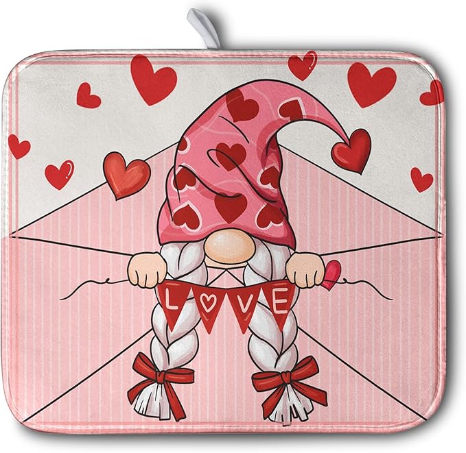 Valentine's Day Love Letter Dish Drying Mat for Kitchen Counter, Love Letter Gnome Absorbent Dish Pad Large Dish Drainer Mats for Countertop 16x18 Inch