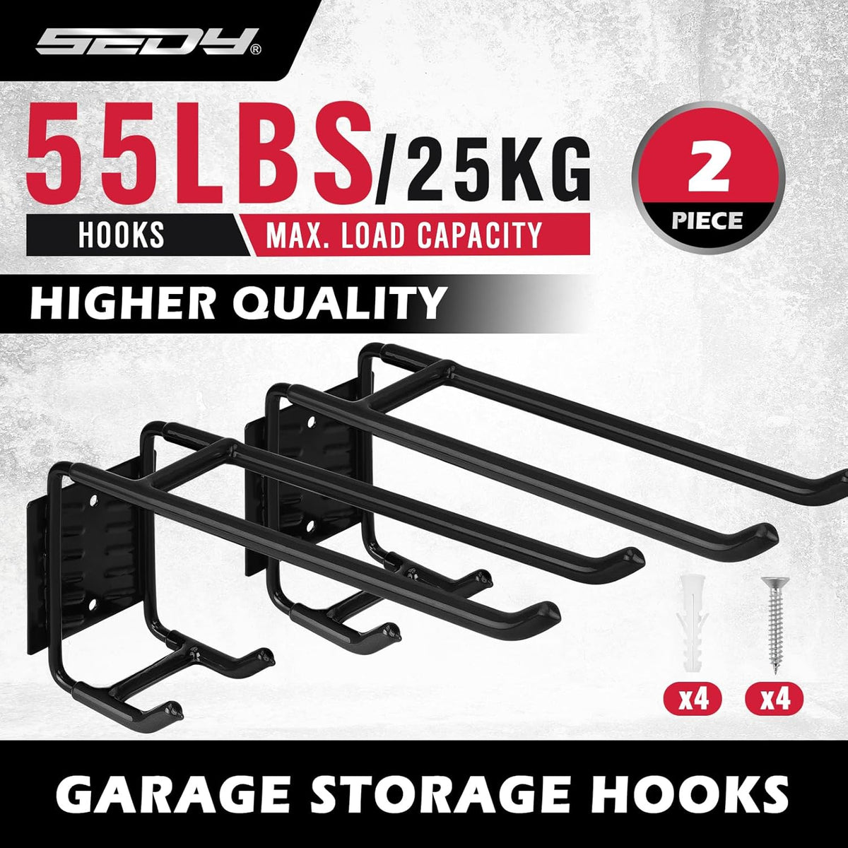 2-Piece 9.4" Heavy Duty Garage Hooks, Sturdy Utility Hooks Holds 55 LB Wall Mount Garden Tool Organizer Hangers for Hanging Shovel Ladder Chairs Strollers Power Tool Tire and More (Black)