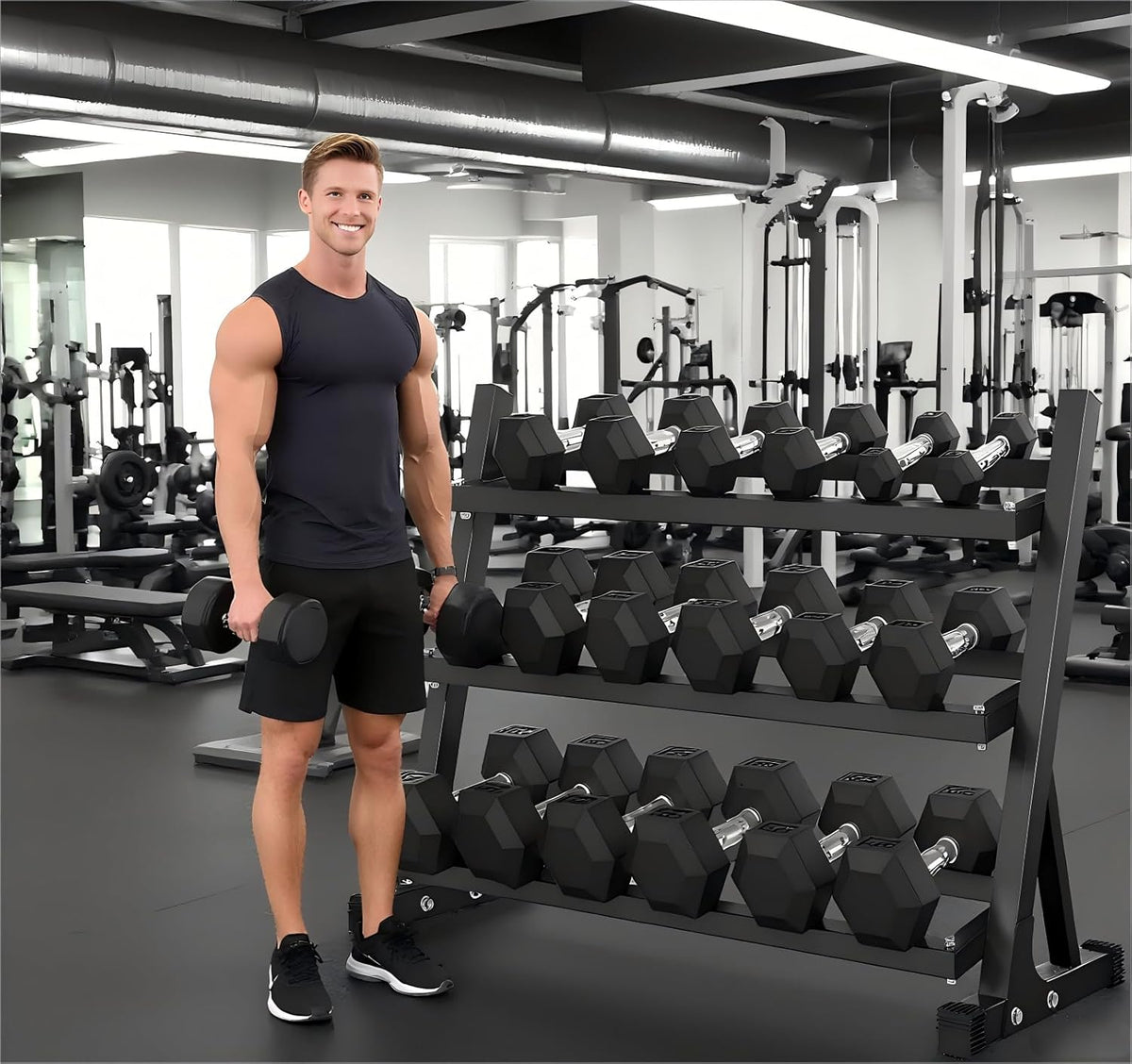 5-50 lbs Hex Dumbbell Weight Set With Rack for Home Outdoor Gyms 6-10 Pair Rubber Exercise & Fitness Nonslip Handle Dumbbells and Storage Rack Hold 350/450/550 Pounds