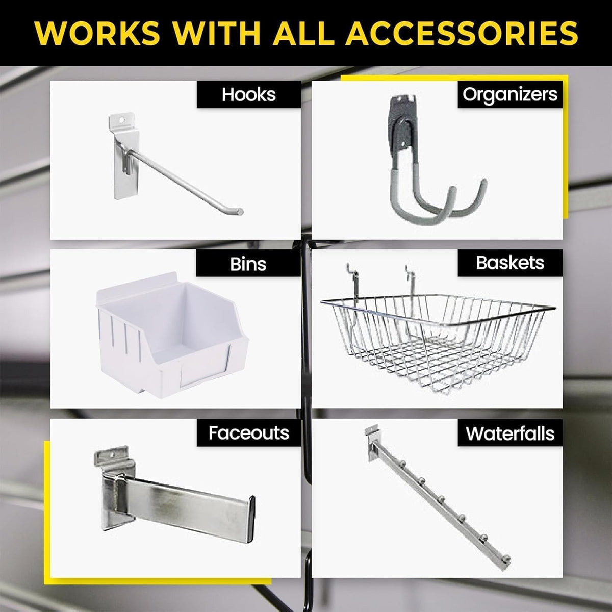 Slatwall Panel Garage Wall Organizer: Heavy Duty Wall Mounted PVC Wall Rack, Interlocking Slat Wall Paneling for Garage Wall Storage, Slatwall Board, Slatwall Shelves System -Black (8’H x 4’W)