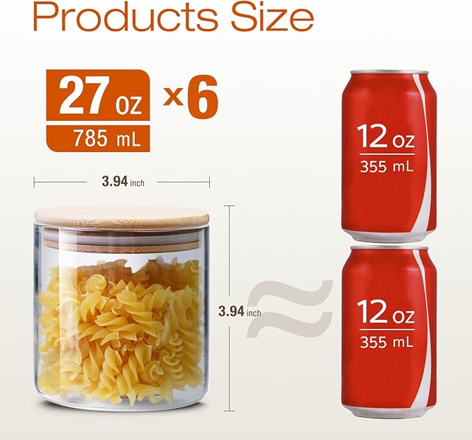Glass Jars with Bamboo Lids 27 FL OZ [Set of 6], Glass Canisters with Airtight Lids, Glass Food Storage Containers for Coffee, Sugar,Tea, Candies, Cookies,Best for Kitchen & Pantry